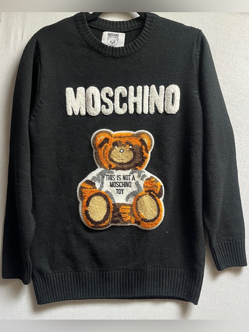 Moschino Couture Wool Silk Blend Black Chenille Teddy Bear Logo Knit Sweater M